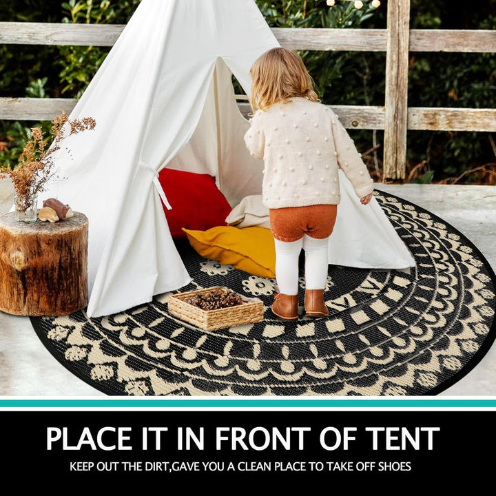 Capslpad Outdoor Teppich Rund 180 cm, Wetterfest Vorzeltteppich Camping Teppiche, Kunststoff Picknic