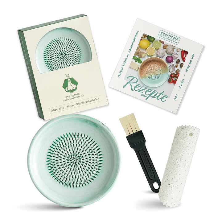 Evergrate® Keramikreibe Mint mit Geschenkbox – mit Reibe, Knoblauchschäler, Rezeptheft & Pinsel – Ha