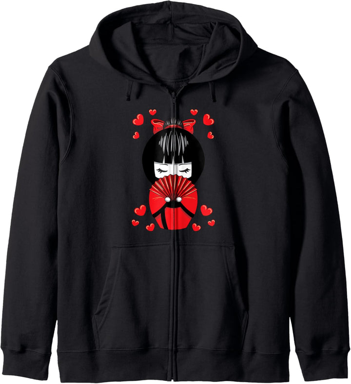 Kawaii Kokeshi Geisha Puppe mit Herzen Valentinstag Kapuzenjacke