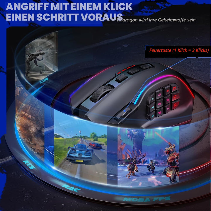Redragon Optische RGB MMO Maus mit 12 Seitentasten,kabelgebundene Gaming Maus mit 12400DPI,8 * 2.4g