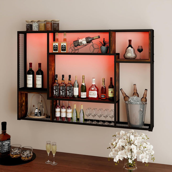 YOURLITE Weinregal Wand, mit LED-Beleuchtung Metall, Bar Regal mit LED-Licht, Wandmontage Wine Displ