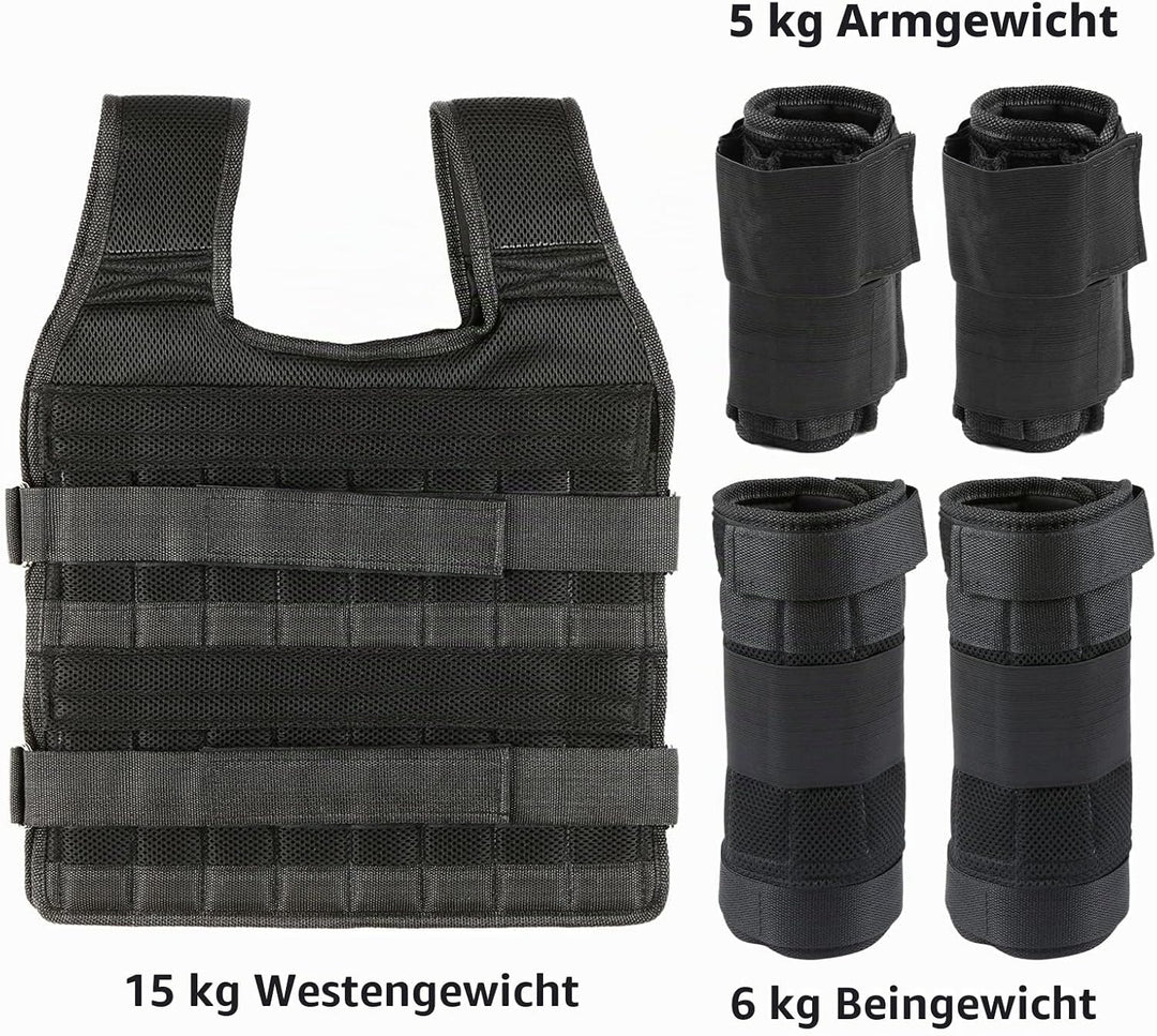 35kg Gewichtsweste mit 6kg Bein- und 5kg Armgewichten, Verstellbare Trainingweste mit 32 Taschen, Me
