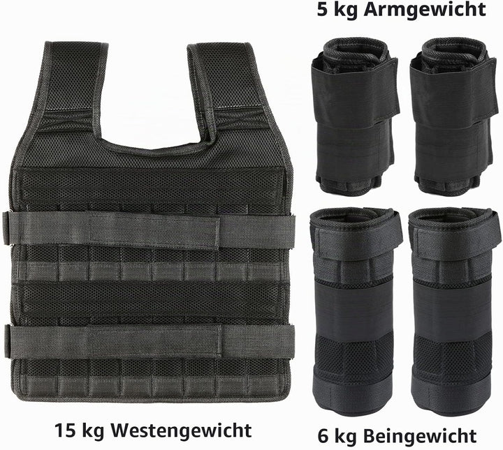 35kg Gewichtsweste mit 6kg Bein- und 5kg Armgewichten, Verstellbare Trainingweste mit 32 Taschen, Me