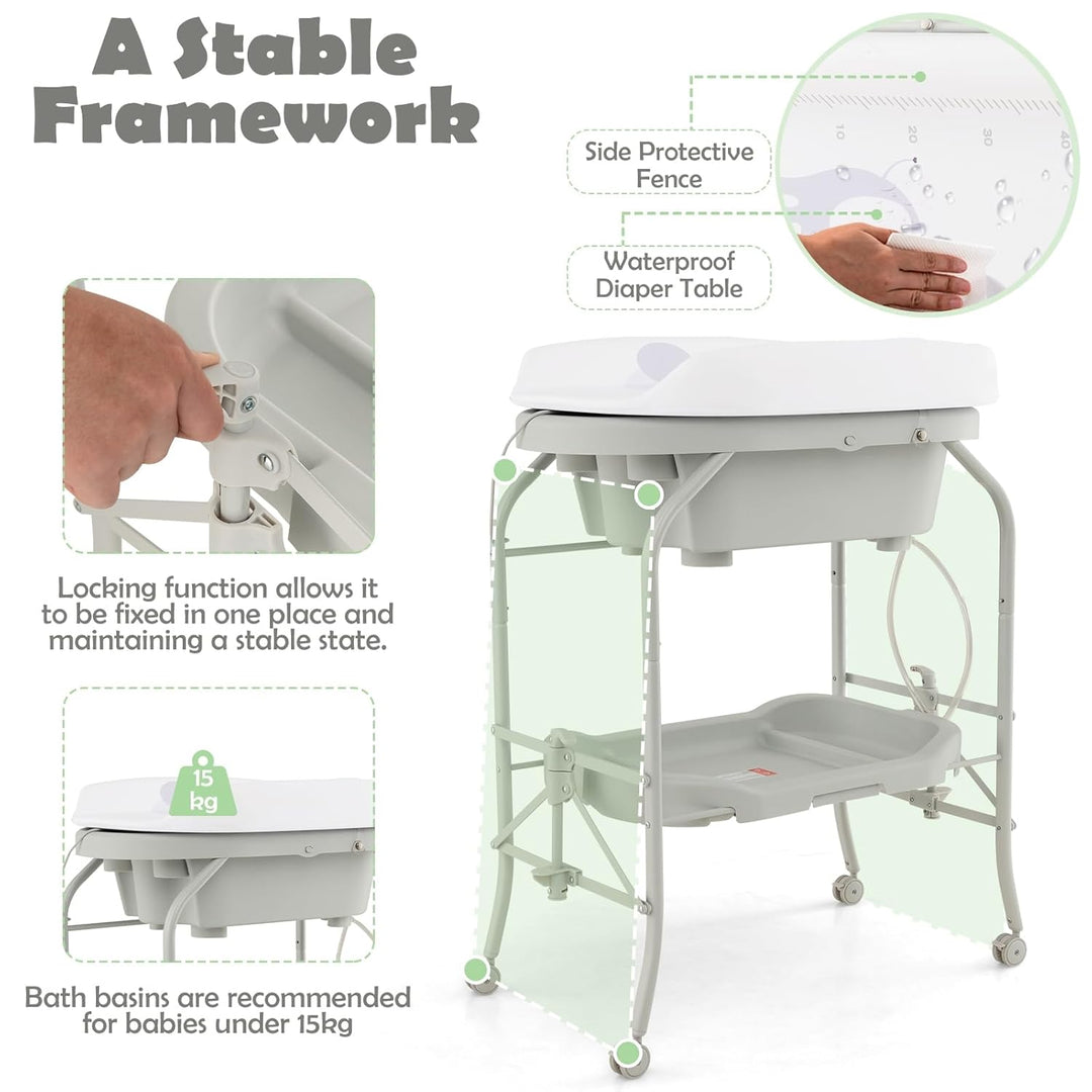 LIFEZEAL Wickeltisch mit Badewanne, 2 in 1 Flatbare Bade-Wickelkombination auf Räder, Badewannenaufs