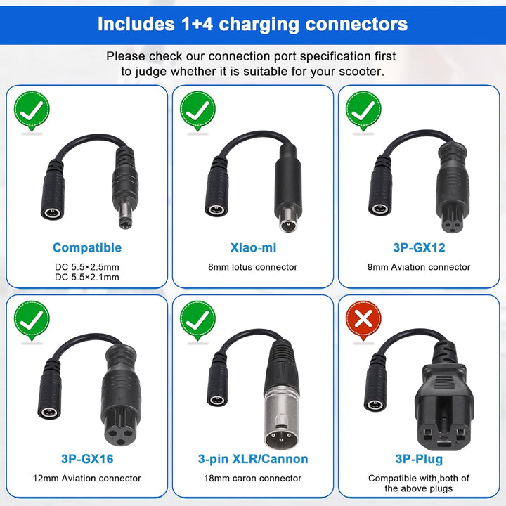 JIZZU Ladegeräte für Scooter, 42 V 3 A AC Hoverboard Adapter, Universal Netzteil Ladegerät mit 4 Ans