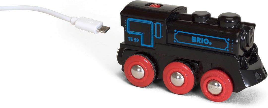 BRIO 33599 - Akku Lok mit Mini USB, bunt &amp; World 33754 - Magnetisches Glockensignal – Eisenbahnzubeh