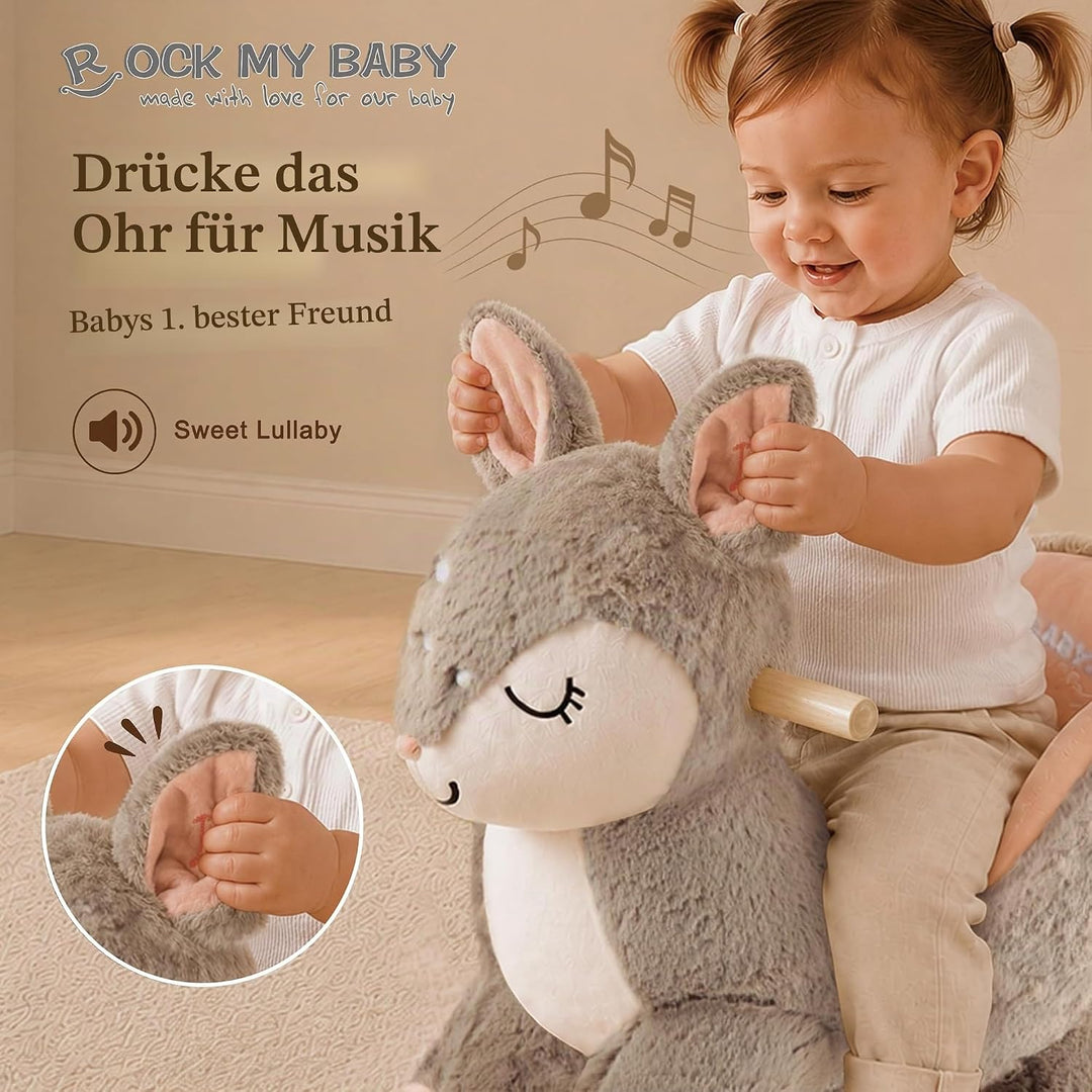 Plüsch Rocking Horse - weicher gefüllter Körper, Sicherheitssitz Stuhl, Holz Rockers, Musikknopf - K