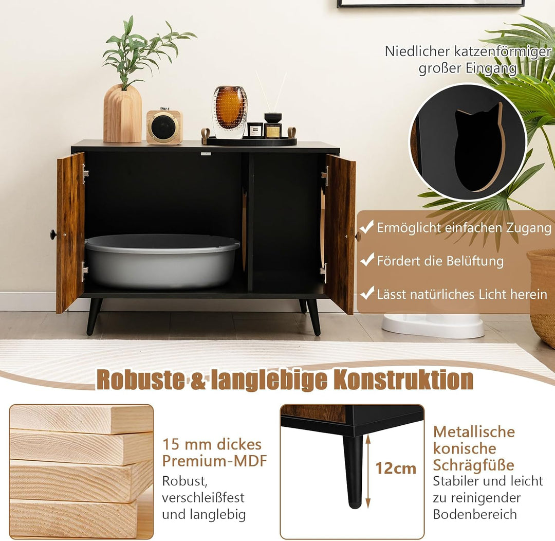 GOPLUS Katzenschrank, Katzenklo Schrank mit Doppeltüren, Trennwand und Katzenlöchern, Katzentoilette