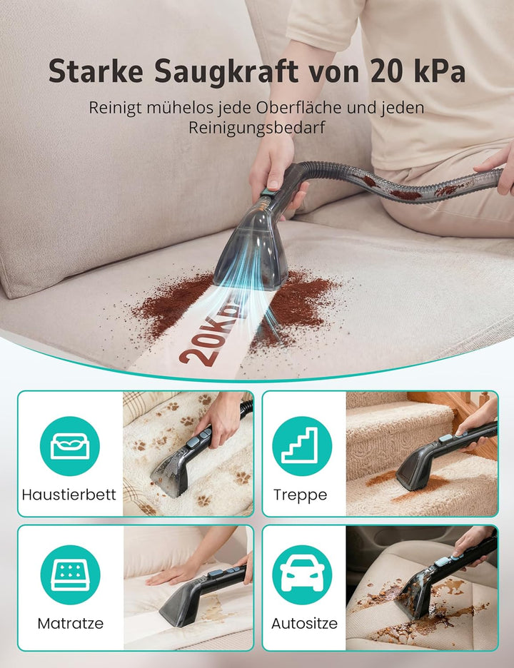 Aspiron Polsterreiniger Gerät, 3-in-1 Dampfreiniger mit Heiss-/Kaltwasser- und Dampfwäsche, 300 ML T