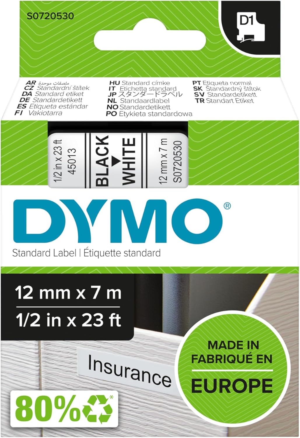 DYMO Original D1-Etikettenband | schwarz auf weiss | 12 mm x 7 m | selbstklebendes Schriftband| für
