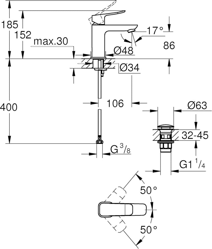 GROHE Dice, Waschtischarmatur, wassersparend (Wasserhahn für das Bad, Badarmatur mit Push-Open Ablau