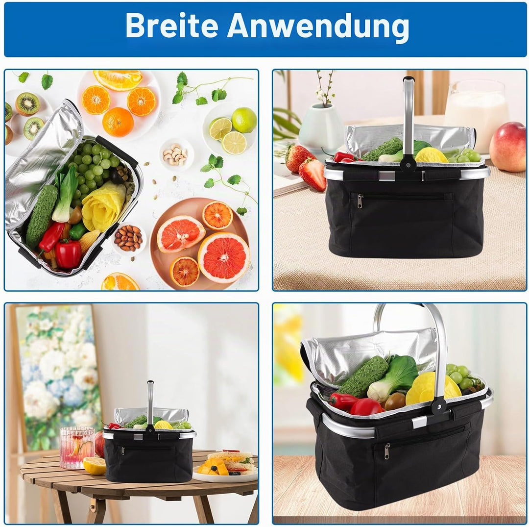 VIDETOL Einkaufskorb Faltbar, 33L Kühltasche Picknickkorb Gross, Schwarze Kühlkorb mit Deckel und Al