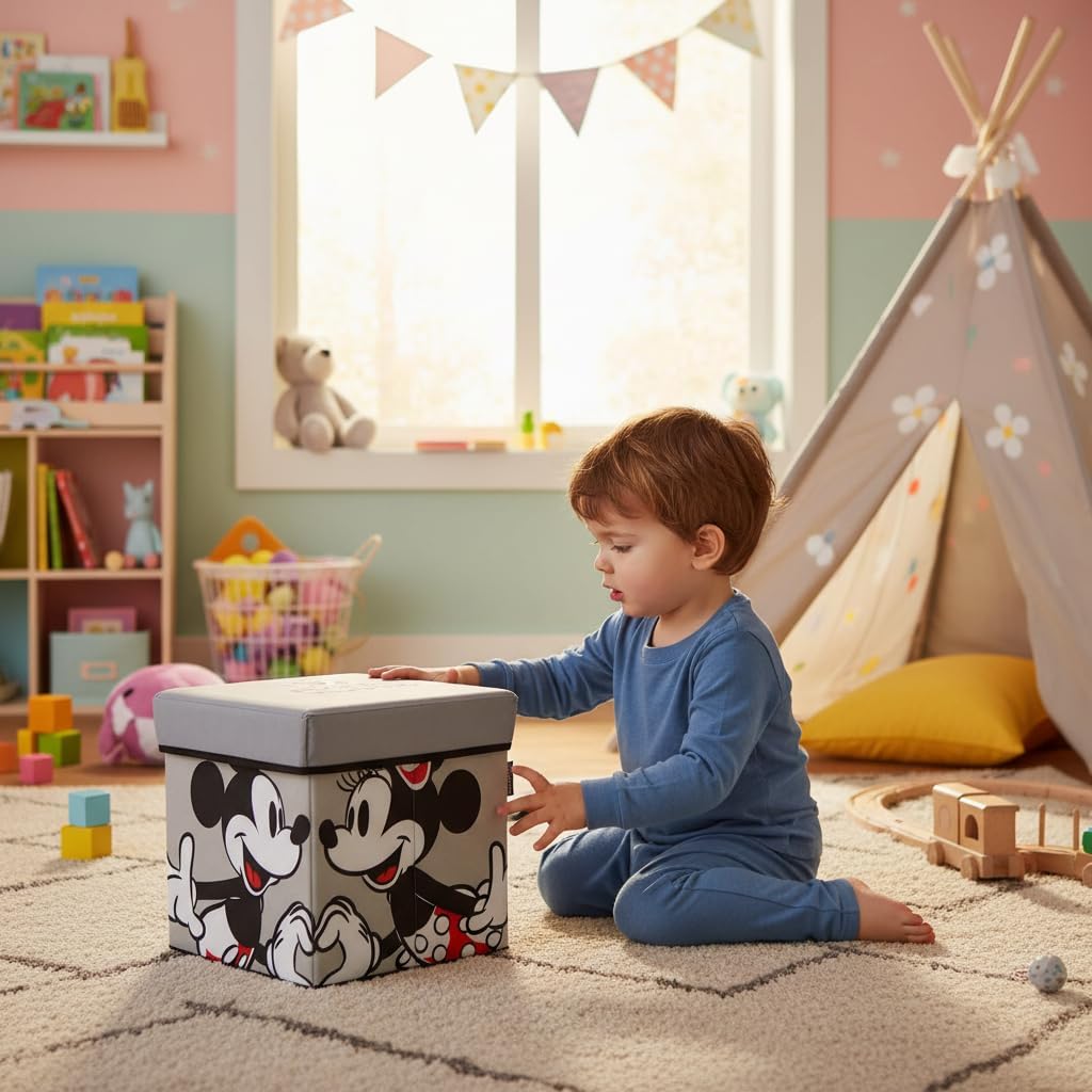 ARDITEX – Faltbare Aufbewahrungsbox für Kinder mit Mickey-und-Minnie-Motiv und gepolstertem Deckel a