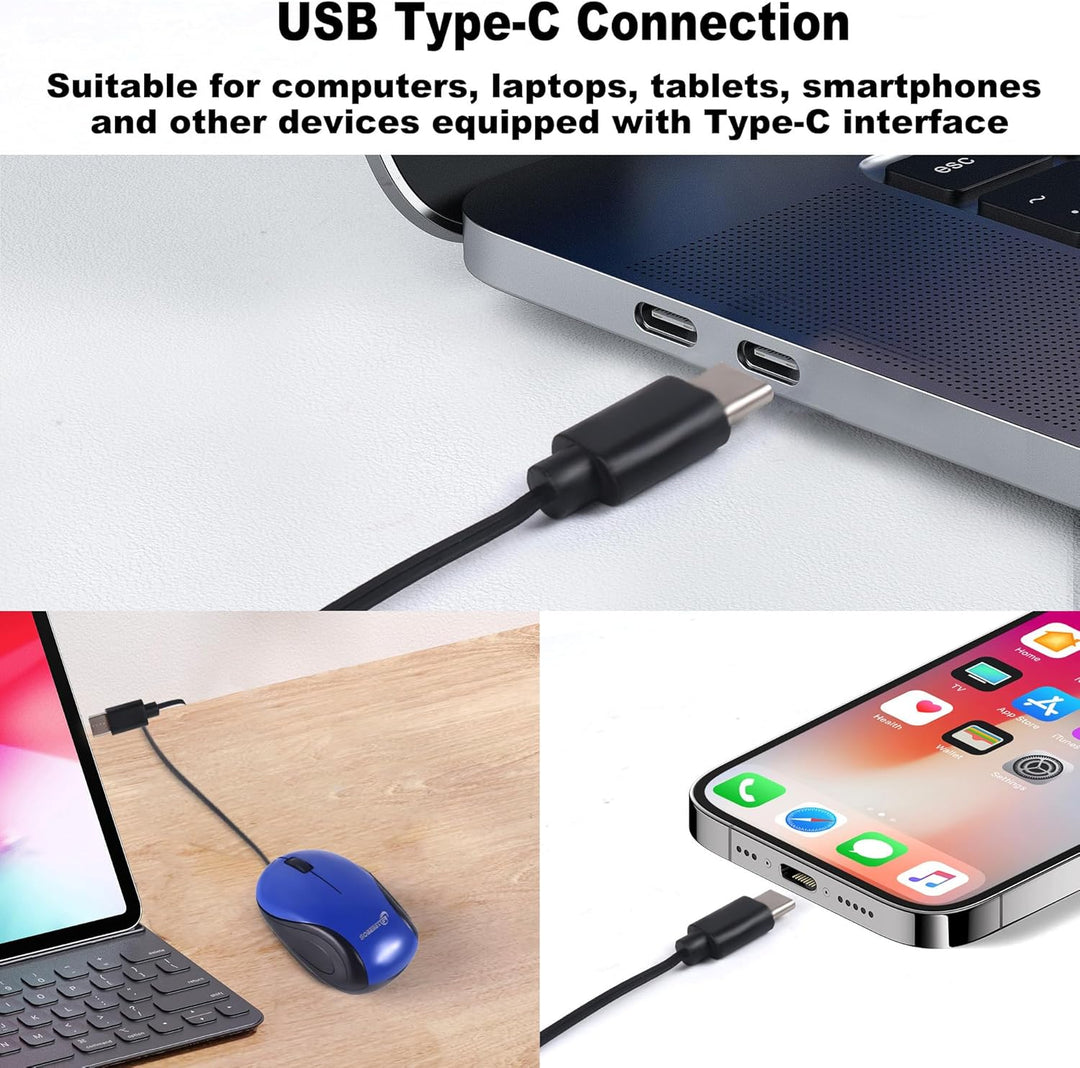 Mini Maus mit Kabel und Einziehbarem USB C Corded,Retractable 70 cm,1000D-PI Optische Typ-C Computer