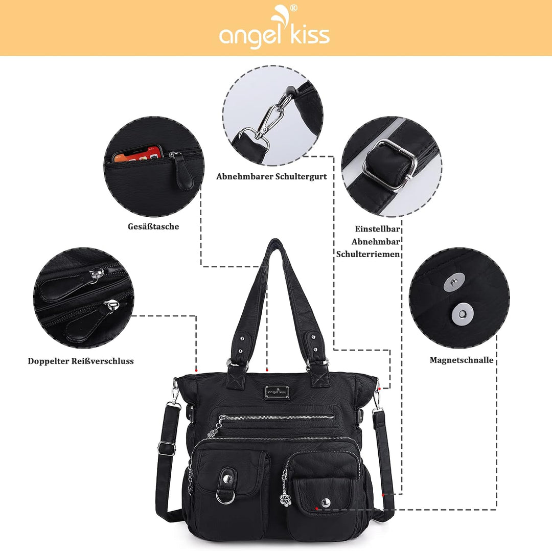 Angel Kiss Handtasche Damen Schultertasche Multifunktionale Umhängetaschen Gewaschenes Veganes Leder