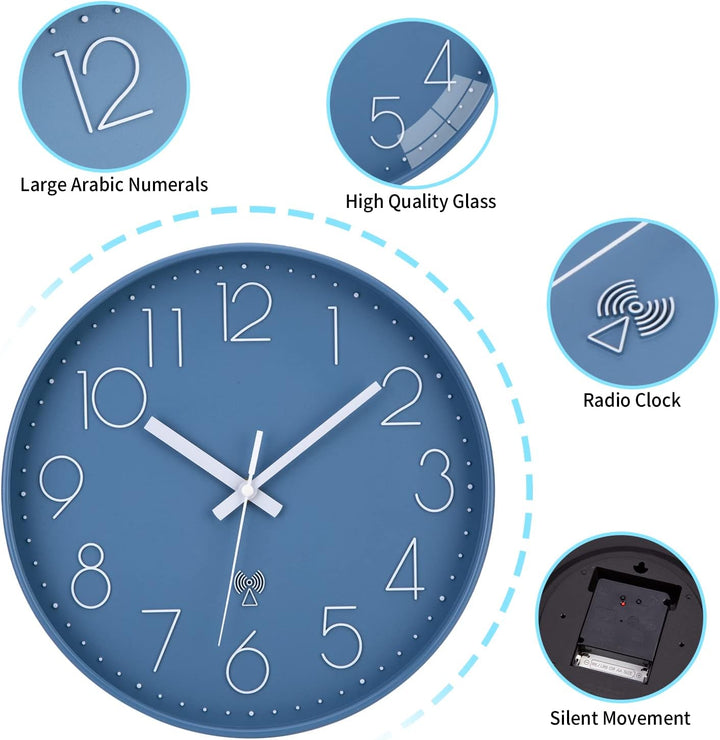 NESIFEE 30 cm, Moderne Funkuhr, funkgesteuerte Wanduhr, leise, kein Ticken, gut lesbar, batteriebetr