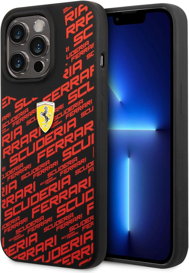 Ferrari Handyhülle für iPhone 14 Pro in Schwarz bedruckt Scuderia, Flüssigsilikon, glatte & kratzfes