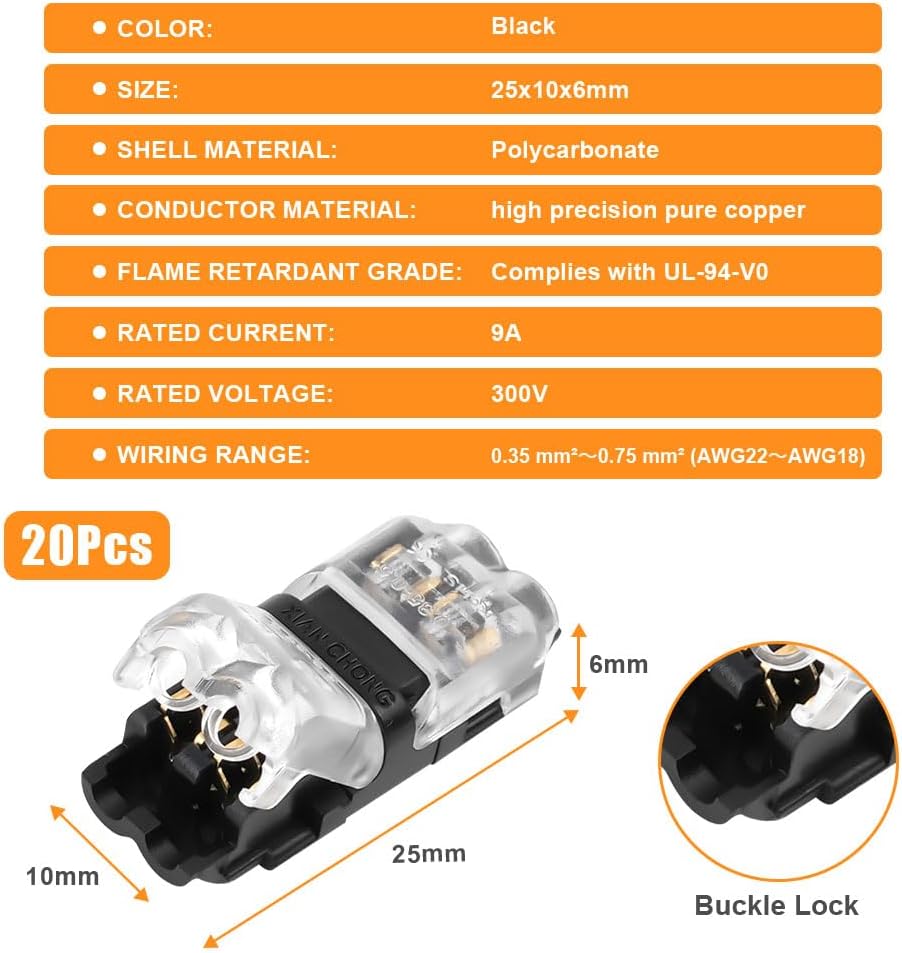 Flintronic 20 Stück H Verbinder, Niederspannung T Hahn Kabelverbinder, 2 Pin 2 Wege Kabelverbinder,