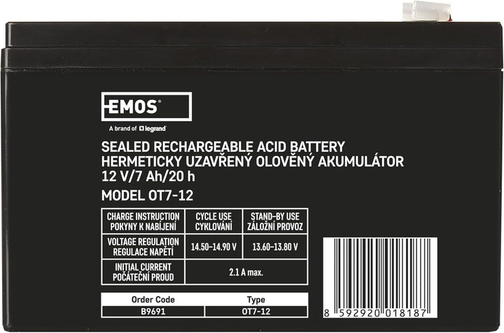 EMOS - Wartungsfreier Bleiakku - 12V 7Ah - AGM Batterie - Faston 4,7mm Anschluss - Für Gefahrmeldean