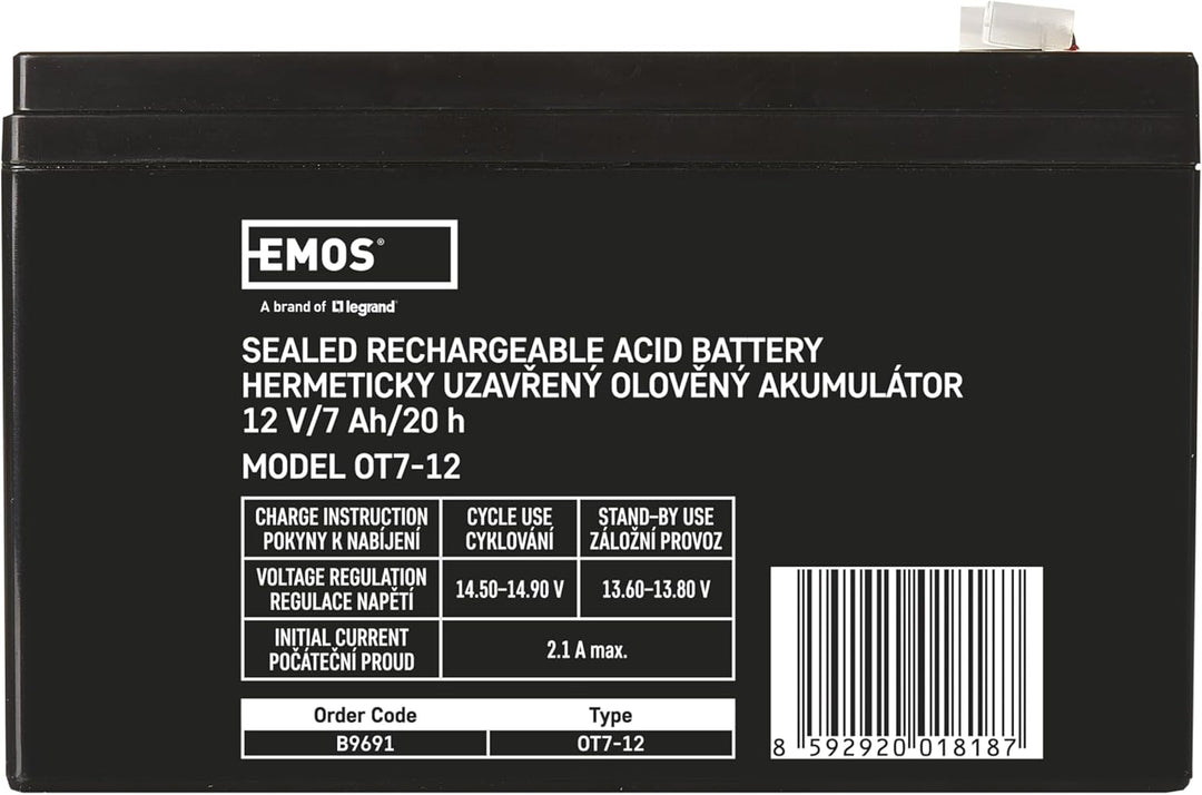 EMOS - Wartungsfreier Bleiakku - 12V 7Ah - AGM Batterie - Faston 4,7mm Anschluss - Für Gefahrmeldean