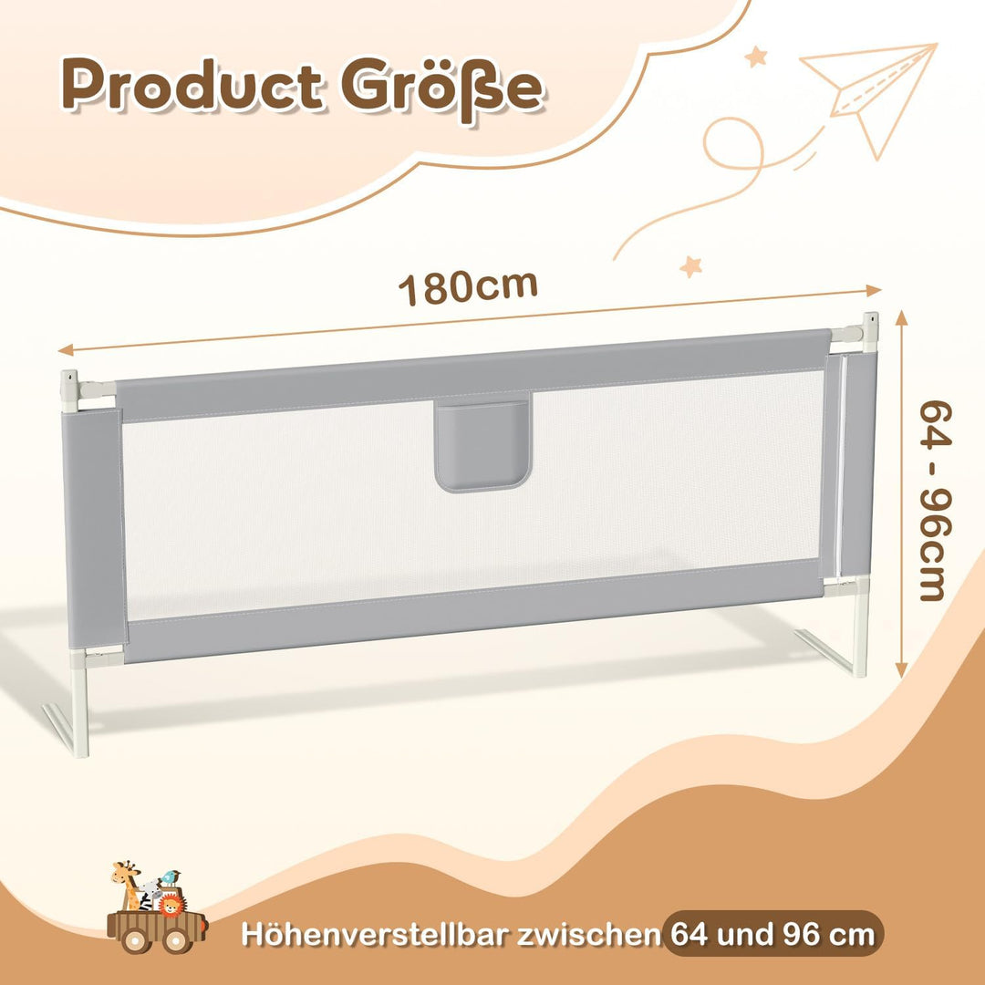 Bettgitter 180x80 cm – Höhenverstellbarer Rausfallschutz Bett mit Sicherheitsverschluss, stabiles Be