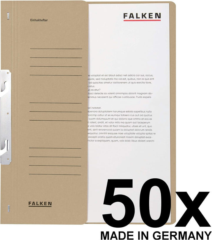 Original Falken 50er Pack Einhakhefter. Made in Germany. Aus Recycling-Karton mit halbem Vorderdecke