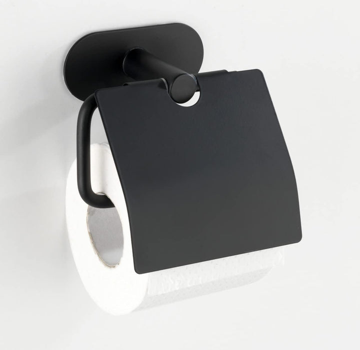 WENKO Turbo-Loc Toilettenpapierhalter mit Deckel Orea Black Matt, Befestigen ohne bohren, Papierroll