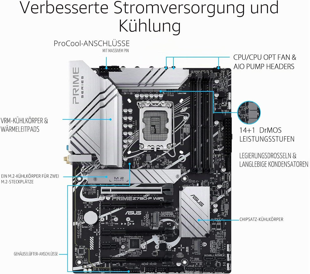 ASUS Prime Z790-P WIFI Gaming Mainboard Sockel Intel LGA1700 (ATX, PCIe 5.0, DDR5 Speicher, 3x M.2,
