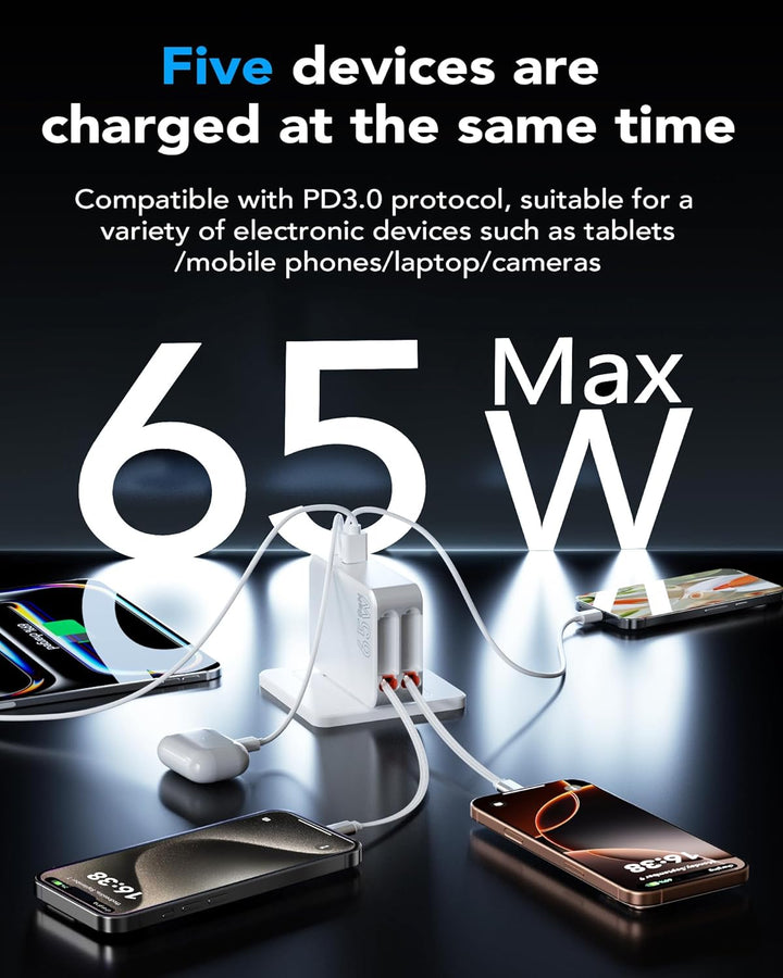 5 in 1 USB C Einziehbares Ladegerät 65W 3 Port Netzteil Schnellladegerät mit Einziehbarem Kabel,GaN