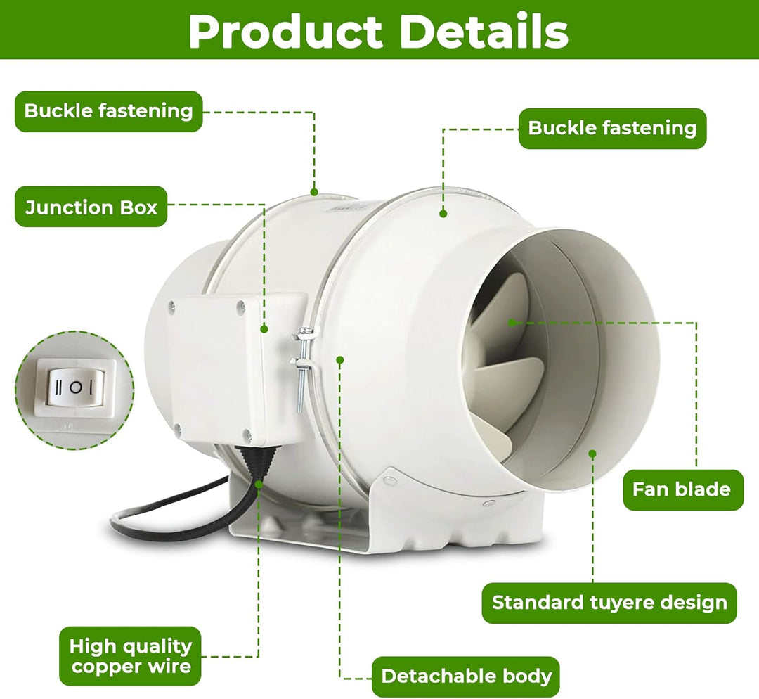 Rohrventilator Lüfter Badlüfter 100 mm - 2-stufig mit Schalter, Kugellager, Fuss & Kabel - IP44 Schu