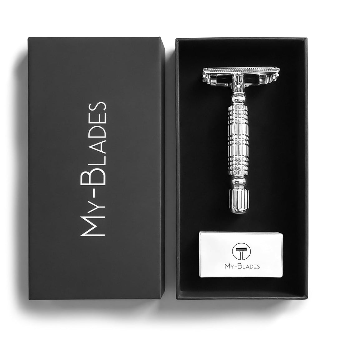 Premium Rasierhobel Set mit 10 Rasierklingen – Metallgriff, Butterfly-Sicherheitsverschluss, Geschen