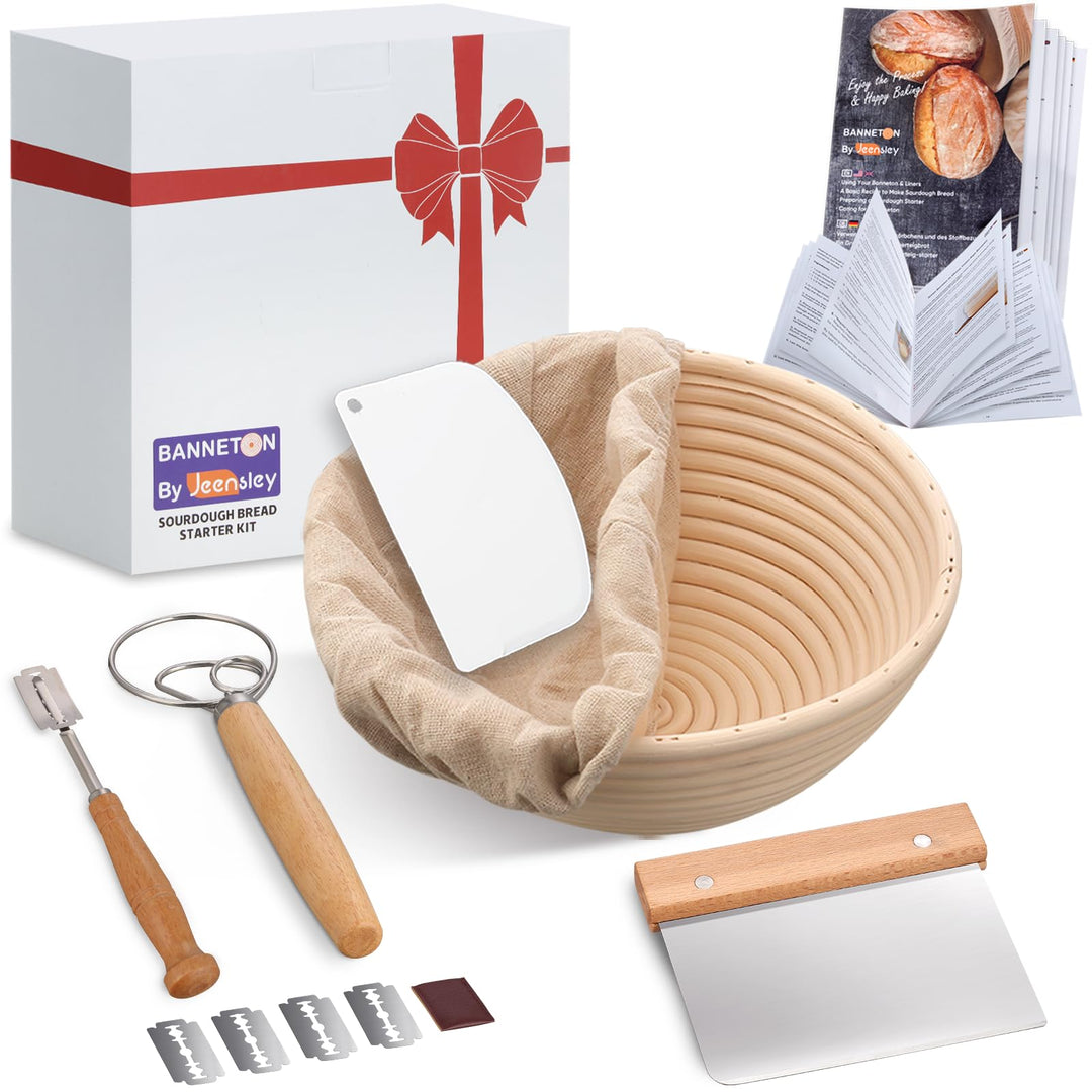 Jeensley Gärkörbchen Sauerteig Starterset Box verpackter runder Sauerteigbrot-Gärkorb mit Broschüre,
