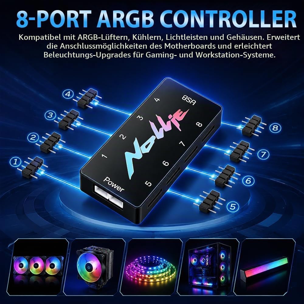 8-Port ARGB Controller, SGZIOO ARGB PWM Fan Hub, 5V 3 Pin RGB Controller PC mit 2 SATA-Kabel, Lüfter