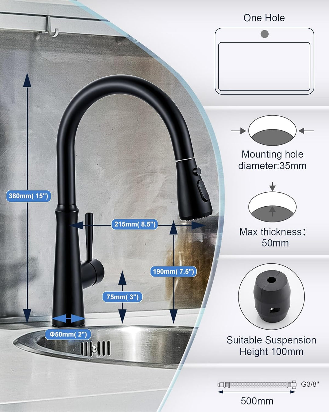 Wasserhahn Küche Schwarz, Hochdruck Küchenarmatur Ausziehbar, 360° Schwenkbar Armatur Küche Mischbat