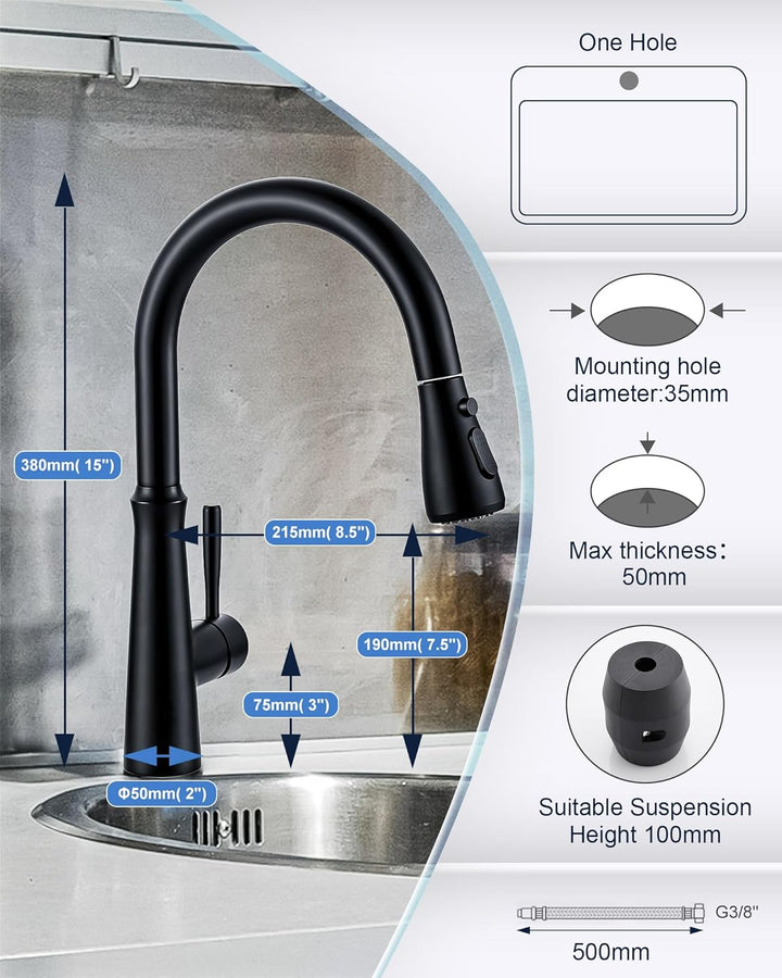 Wasserhahn Küche Schwarz, Hochdruck Küchenarmatur Ausziehbar, 360° Schwenkbar Armatur Küche Mischbat