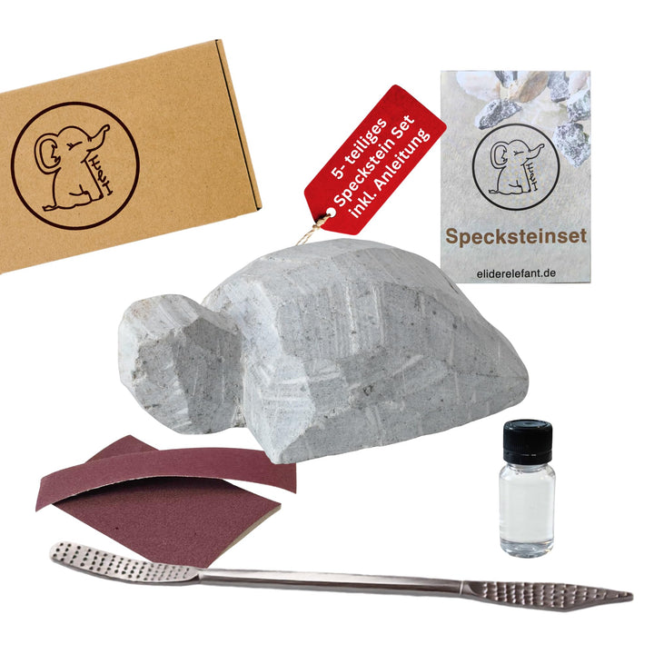 Eli® Speckstein Set - Schnitzset inkl. Schildkröte Rohling mit Werkzeug | Raspel - Schleifpapier - S