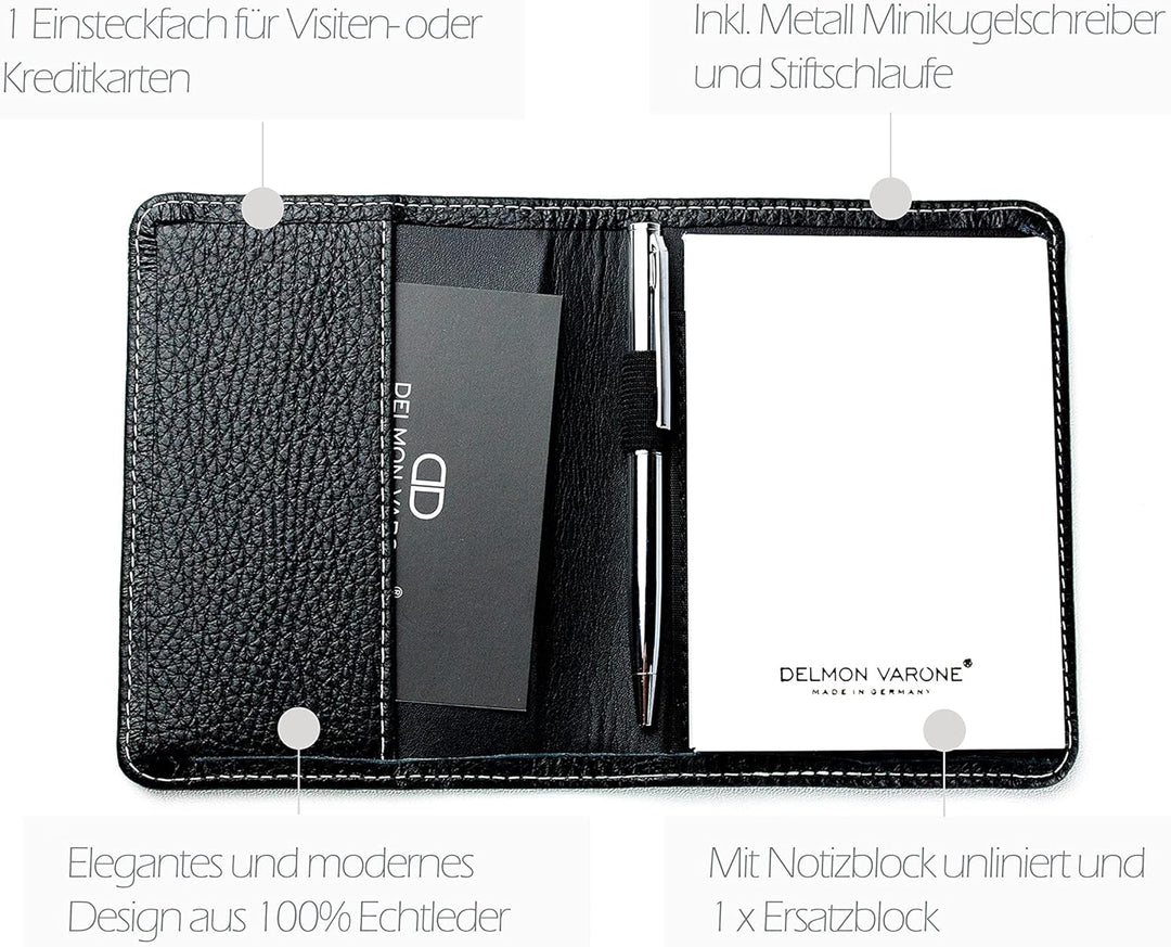 DELMON VARONE - Personalisierbares Notizblock Etui DIN A7 aus Premium Leder Soft Grain schwarz, Tasc