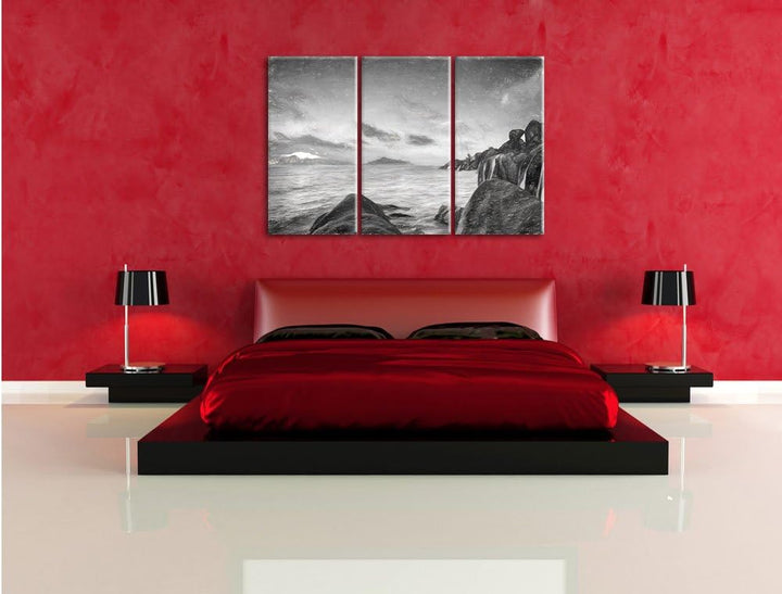 Pixxprint Sonnenuntergang Seychellen Kunst Kohle Effekt 3-Teiler Leinwandbild 120x80 Bild auf Leinwa