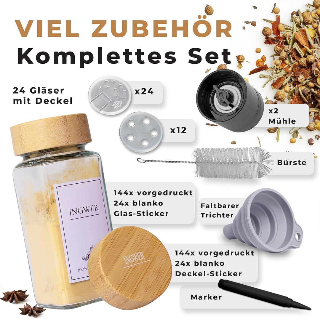 comforder Gewürzgläser Set (25 Stück), Gewürz Organizer mit Gewürzstreuer mit Etiketten + Trichter,