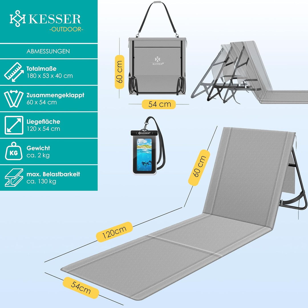 KESSER® Klappbare Strandmatte mit Verstellbarer Rückenlehne – Faltbare Strandliege mit Tragegurt, wa