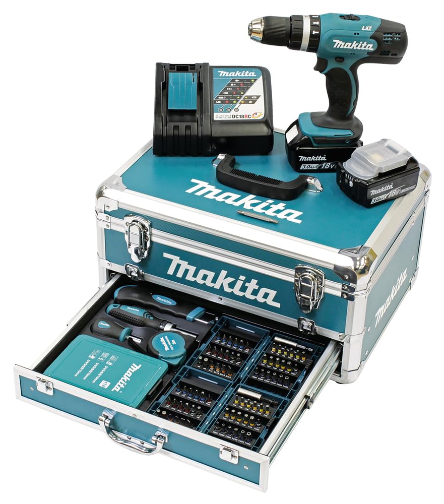 Makita DHP453RFX2 Akku-Schlagbohrschrauber 18 V / 3,0 Ah im Alukoffer + 96tlg. Zubehör-Set, Blau/Sil