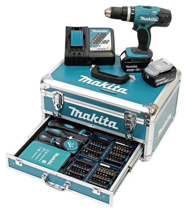 Makita DHP453RFX2 Akku-Schlagbohrschrauber 18 V / 3,0 Ah im Alukoffer + 96tlg. Zubehör-Set, Blau/Sil