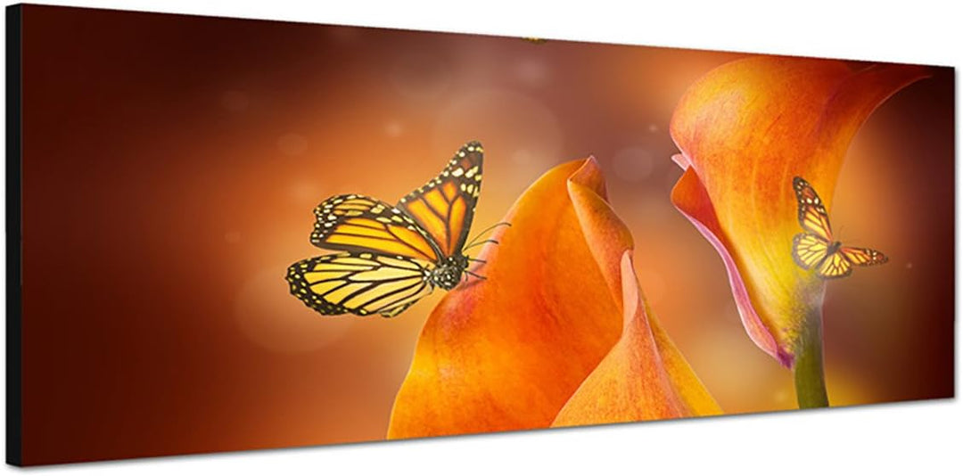 Paul Sinus Art Panoramabild auf Leinwand und Keilrahmen 150x50cm Lilien Schmetterlinge abstrakt