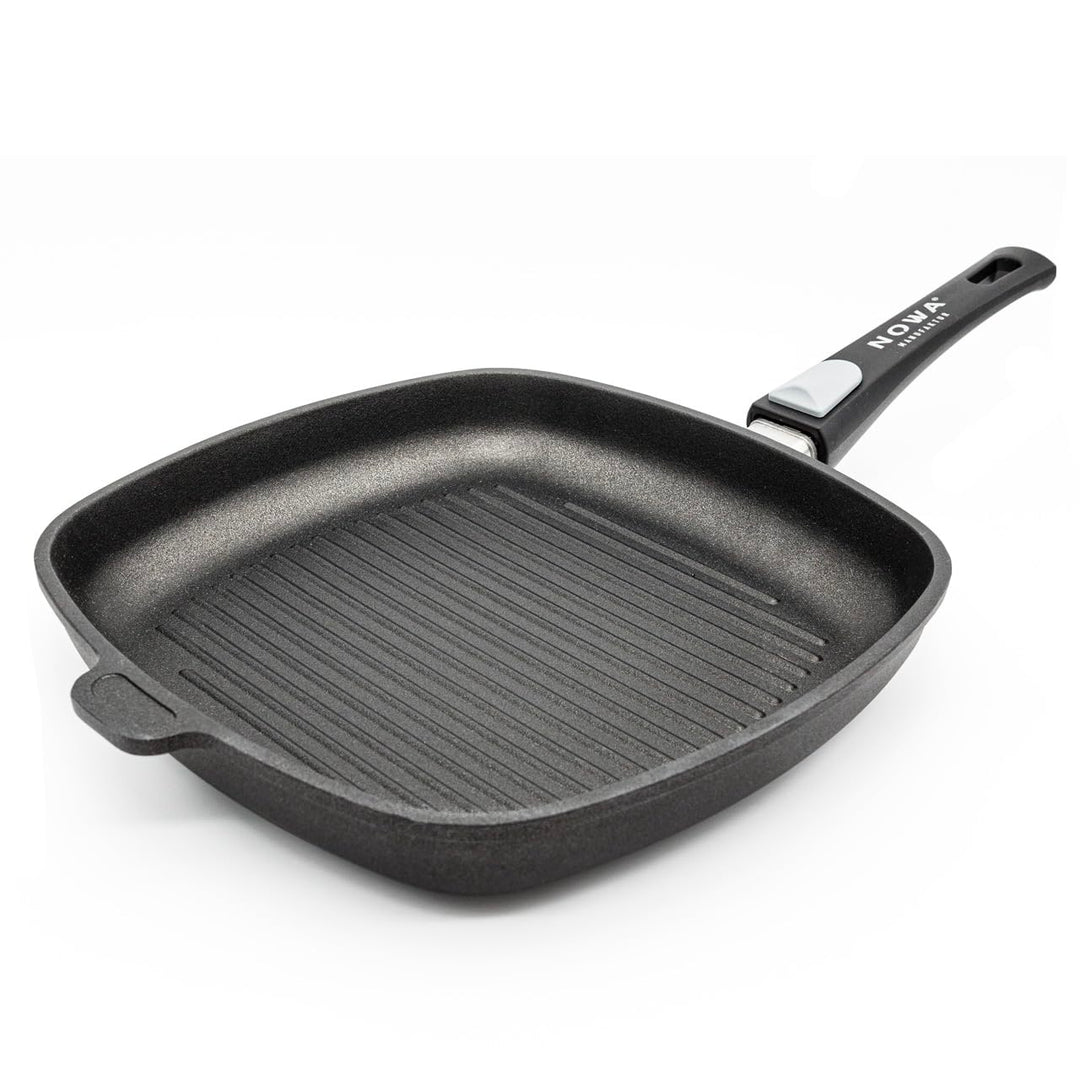 NOWA Aluguss Grillpfanne, LxBxH 28x28x4,5 cm, Abnehmbarer Griff, backofenfest bis 300 °C, Antihaft b