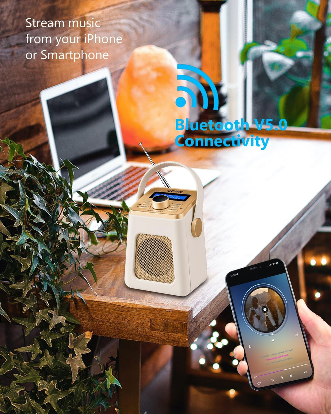 Mini DAB+ DAB Digitalradio und UKW Radio mit Bluetooth Lautsprecher, Radiowecker, und Leder Verkleid