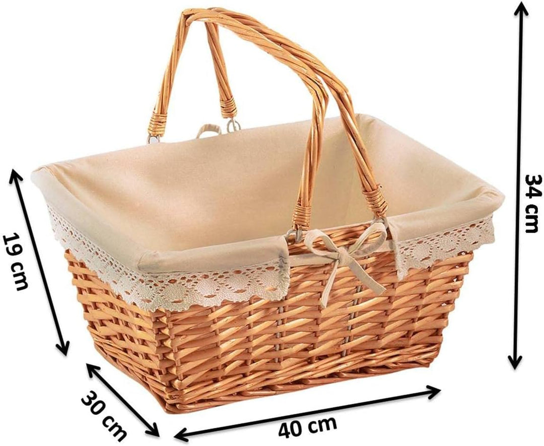 Kobolo Klappbügelkorb Weidenkorb mit Klapphenkeln eckig Textilfutter mit Häkelborte - braun - 40x30x