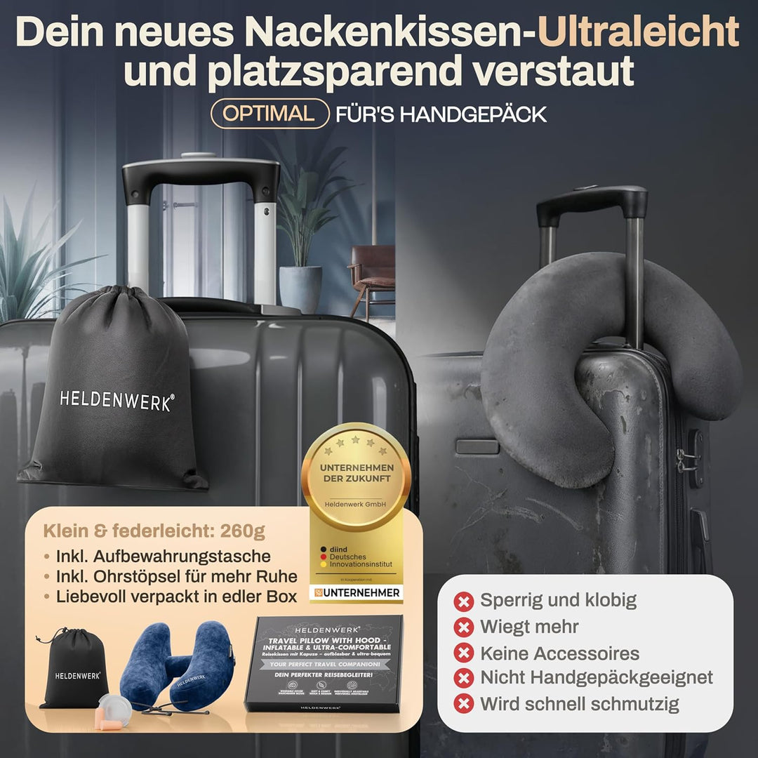 HELDENWERK® Air Nackenkissen Flugzeug Aufblasbar | Reisekissen für 5 Schlafpositionen, schnell aufbl
