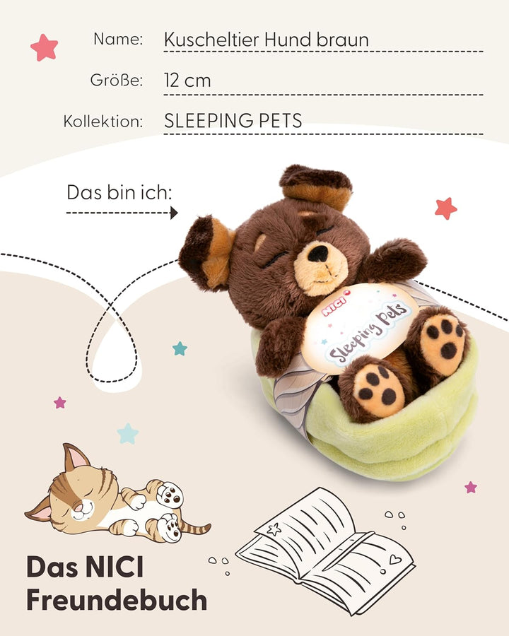 Kuscheltier Hund braun 12cm schlafend im Körbchen Hund Braun 0, Hund Braun 0