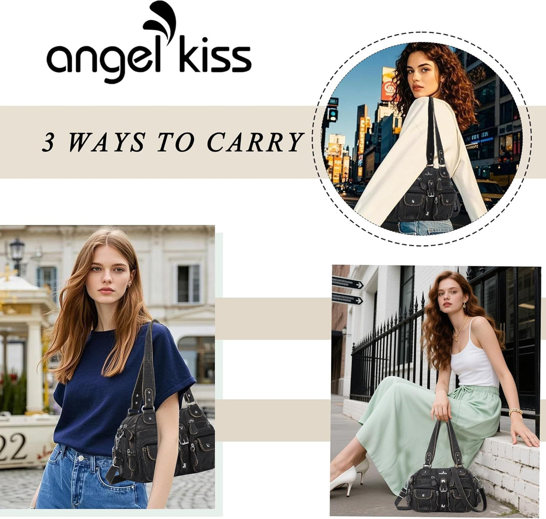 Angel Kiss Damen Handtasche 2 Hauptfächer Multifunktional Weich PU Leder mit Reissverschluss Elegant