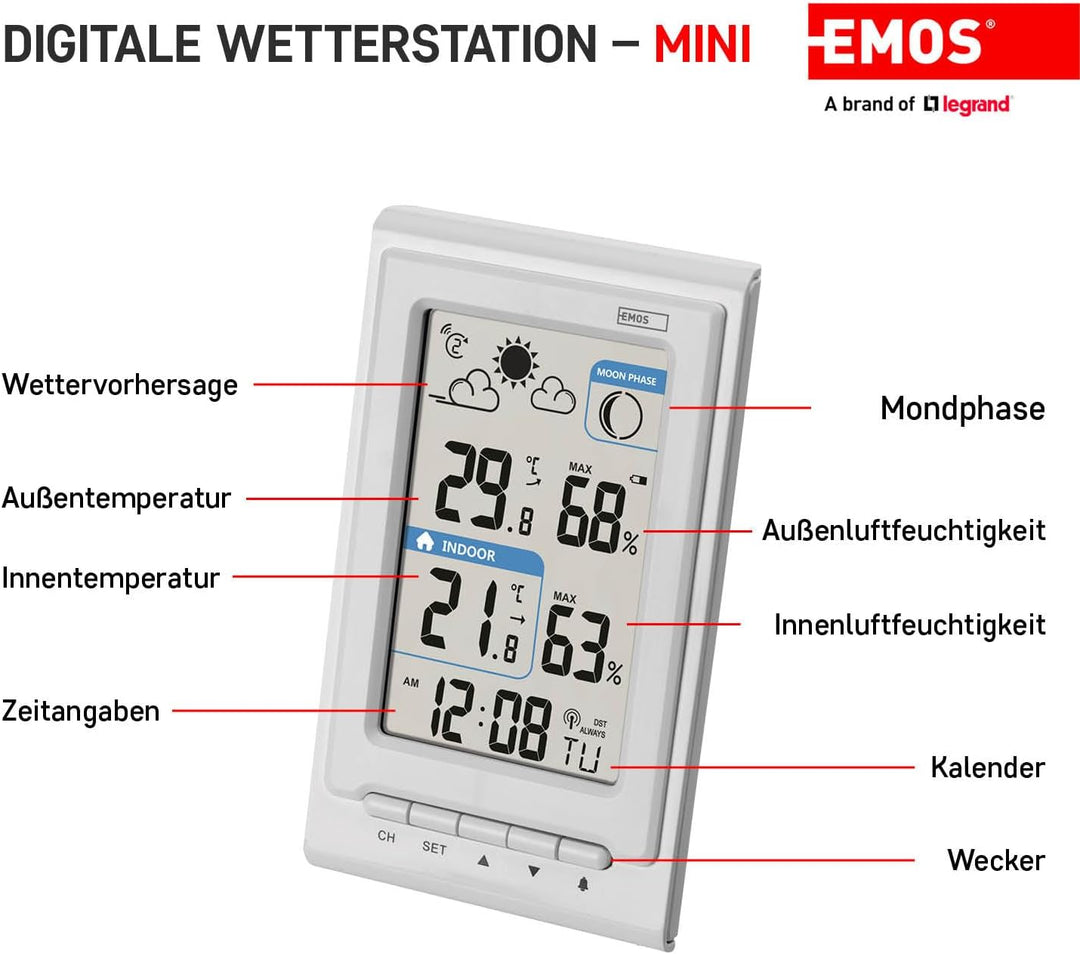 EMOS Mini Funk-Wetterstation mit Aussensensor, misst Innen- und Aussentemperatur, Feuchtigkeit, Wett